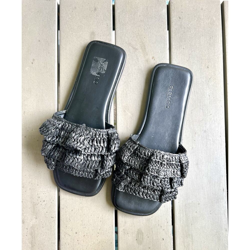 FARM Rio Ruffle Black Crochet Flat Slide Sandals Women's Size 9
